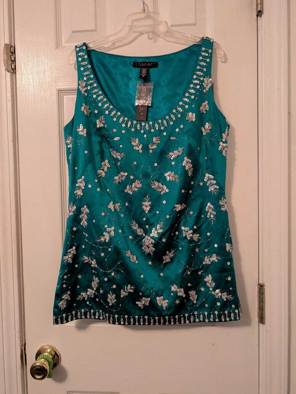 Laundry by Shelli Segal Beaded Silk Sleeveless Blouse Tank Top Medium Teal - Picture 2 of 7